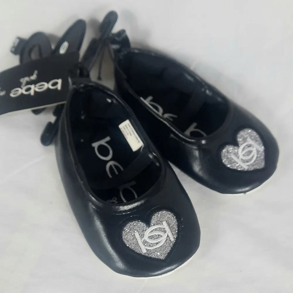 Bebe Girls Baby Ballet Soft Crib Shoes Size 3 (6-9Months) Black Silver Embroider